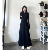 Autumn French Hepburn Black Long-Sleeved Collar Dress Femininity Elegant Height Waist A Long Dress
