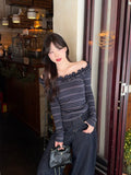 Spice Girls Lace U-Neck Slim Slim Top Girl 2026 Spring And Autumn New Striped Exterior Design Long-Sleeved T-Shirt