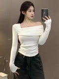 Sexy Hottie Velvet Wrinkled Body Shoulder Bottom Top Girl Spring And Autumn Pure Desire To Play Bottom Long-Sleeved T-Shirt