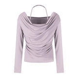 Pure Wind Hanging Neck Fake Two Long-Sleeved T-Shirts For The Autumn Women's New Body-Repair Short-Covered Tucked On The Shoulder Ins