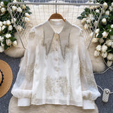 French Light Luxury Heavy Industry Diamond-Stitched Collar Lantern Sleeve Shirt Women's Fashion Glide Embroidery Single Buckle Cardigan Women's Top