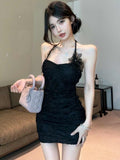 (Original Quality) Pure Lust Lace Flowers Hanging Neck Sling Dress Women Summer Breeze Hotties Hip Skirt
