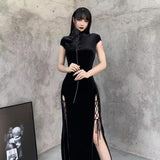 Vintage Chinese Velvet Cheongsam Improved Dress New Chinese Open Fork Tall Cool Black Temperament Long Dress