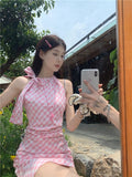 Pink Sleeveless Hanging Neck Dress Woman 2025 Summer Bow Beautiful Little Seaside Vacation Ass Skirt
