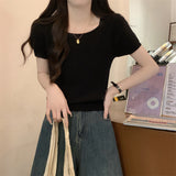 Korean Version Of The Pure Color Simple Square Collar Short-Sleeved Knitting Shirt Casual Age Reduction Slim Slim Short-Term Blouse