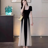 French High-End Temperament Mesh Yarn Short-Sleeved Dress Female Summer Sister To Close The Waist Thin Bump Big Swing Dress
