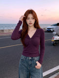 Korean High-End Kinesy V-Neck Thread Long-Sleeved T-Shirt Women's 2026 New Early Autumn Repair Bottom Shirt Top