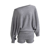 Autumn Maillard Wear Temperament Shoulder Sweater Oblique Shoulder Design Loose Knit Shirt Shorts Two Sets Of Women
