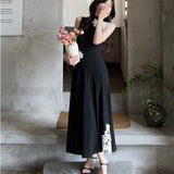 New Chinese Retro Windy Shoulder Lace Splicing Color Dress Female Summer Temperament Waist A-Character Dress