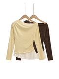 Yellow Pure Sexual Sexy Two Slanted Shoulder Lace Spliced Long-Sleeved T-Shirt Girls Spring And Summer Body Show Off Shoulder Clothes