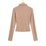 Hottie Autumn Hot Diamond Half High-Neck Long Sleeve Tight Short T-Shirt Solid Simple Top