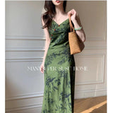 Summer Light Luxury High-Waistless Sleeveless Green Sling Skirt Over The Knee Young Temperament Waist Dress Woman