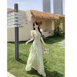 French Gentle Lotus Side V-Neck Bubble Sleeve Dress Summer Holiday Purple Lace Lumbar Texture Dress