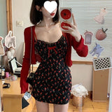 Large-Size Fat Mm French Sweet Hottie Sweet Bumpy Dress Girl Summer Red Cardigan + Broken Floral Skirt Two-Set