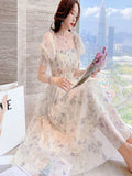 French Ink Painting Floral And Snowy Dress Bubble Sleeves Showing Thin Temperament Sweet Long Skirt Summer Women's Dress