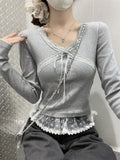 Autumn Ins Pure Desire To Sexy Low-Breast V-Neck De Velvet Lace Splicing Long-Sleeved T-Shirts For Girls With Short Bottom Tops
