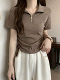 Casual Style POLO Neck Zipper Front Shoulder Short Sleeve T-Shirt Women's Summer Design Suction Rope Strap To Repair Short Blouse