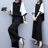 Fashion Spring And Summer Casual Style Set Splicing Color Loose Seven-Sleeve Round Neck T-Shirt Top + Wide Leg Pants