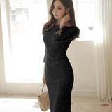 2026 Autumn Dress New Temperament Lace Splicing Dress Dress Dress Seven-Sleeve Body-Body-Suited Dress Dress Woman