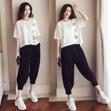 Summer Large-Size Women's Loose Thin Casual Fashion Three-Dimensional Decorative Round-Neck T-Shirt + Black Harlan Pants Two-Piece Set
