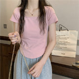 Pure Desire Ins Square Collar Korean Version Of Slimming Short-Sleeved T-Shirt Women's Summer Fashion Short Fashion Thin Bottom Shirt Topess Women T