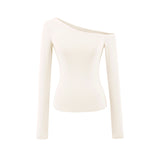 Solid Color Oblique Shoulder Shoulder-To-Shoulder Knitted Long-Sleeved Hottie Design Feel Bottom Blouse T-Shirt