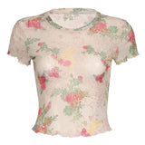 Fashion Mesh Sexy Hottie Shoulder Short-Sleeved T-Shirt Girl Summer New Slim Short Open-Navel Blouse Tide