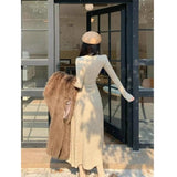 Female Yang Gas V-Neck Waist-Coat Knitted Skirt Solid Color Dress In The Long Dress French Temperament Knitted Spring And Autumn
