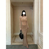 Vintage Wine Red Lace Spliced Long-Sleeved T-Shirts For Girls In The Spring New Slimming Niche Tops