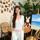 [Original Human Cotton 260G] Quality Short-Sleeved V-Neck Collar T-Shirt Two Sets Of Female Striped Slings Hooded Shirt