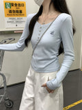 Korean Version Of Small Embroidery Shoulder Long Sleeve Bottom Shirt Women's 2026 Early Autumn Button U Neck T-Shirt Milk Blue Top