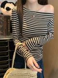 Autumn Pure Lust Sexy Slanted Side-Striped Shoulder Word-Collared Long-Sleeved T-Shirt Girl Slimmed Hottie Top