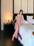 Tea Break French Gentle Temperament V Collared Flowers Hanging Dress Seaside Holiday Wind Bag Long Skirt