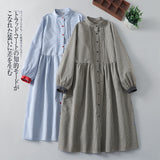 Spring 2025 New Literary Plaid Long-Sleeved Shirt Dress Loose Thin Cotton Linen Dress Woman