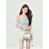 Fashion Pink Temperament Out-Shoulder Short-Sleeved T-Shirt Girl Spring New Slim Lean Shoulder Inside The Sexy Blouse Tide