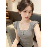 U-Neck Double-Layered Small Flying Sleeve Lotus Leaf Side Short-Sleeved T-Shirt Slimming Sweet Pure Desire Female Top