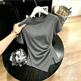 Pure Round Neck Solid Color Irregular Short-Sleeved Short-Sleeved T-Shirt Girl Summer Hottie Fashion Thin Short-Sleeved T-Shirt Girl Trend