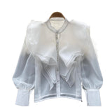 Autumn New Light Luxury Fairy Wind Lotus Leaf Side Long-Sleeved Shirt Female Mesh Design High-End Temperament Blouse
