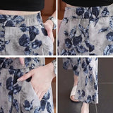 Ice Silk Print Creased Broad Leg Pants Women Summer Thin New Loose Waist Loose Nine-Point Leisure Straight Long Trousers