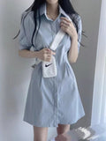Blue Polo Collar Shirt Dress Woman 2025 Summer French Short Dress To Collect Thin A-Word Short-Sleeved Dress