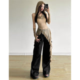 French Retro Hottie Net Yarn Sleeveless Vest T-Shirt Girl Autumn Irregular Slim Thin Long Top