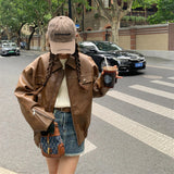 2026 Spring And Autumn New Vintage Curry Leather Coat Women's Old Money Winded Maillard Jacket Locomotive Shirt