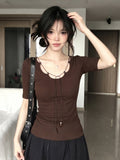 French Temperament With U-Neck Short-Sleeved T-Shirt For Women's Summer Design To Slim Thin Niche Tops