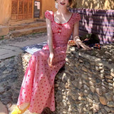 French Red Wave Dot Dress Summer New Sweet Lace Splicing High-Waist Holiday Style Long Skirt Tide