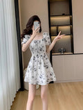 French Collar Ink Painting Broken Flower Dress Summer New Small Super Fairy Waist Thin A Word Short Skirt