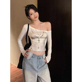 Vintage Sexy Out-Shoulder Long-Sleeved T-Shirt Girl Spring New Slimming Black Hottie Top
