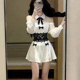 Sexy Famous Tidaught Lace Splicing Colliding With Color Bows Long-Sleeved Dress Women Spring And Autumn Waist A Word Super Short Skirt