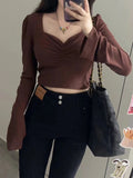 Pure Collar Folded Horn Sleeve Short T-Shirt Girl Slim Thin Hottie Sexy Long-Sleeved Knitting Blouse Ins