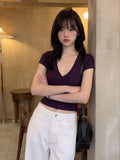 Slim Slimy And Sexy Pure Desire V-Neck Hottie Short-Sleeved Fashion Casual T-Shirt Girl Top