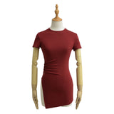 Pure Round Collar Under The Frame Short Sleeve Side Open Wrinkle Blouse Waist T-Shirt Long Bottoming Shirt Is Thin